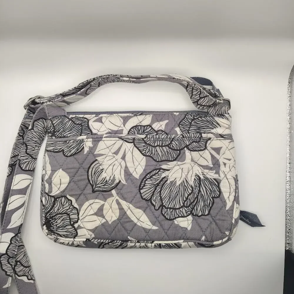 Vera Bradley Floral Crossbody Bag Gray White Quilted Shoulder Purse